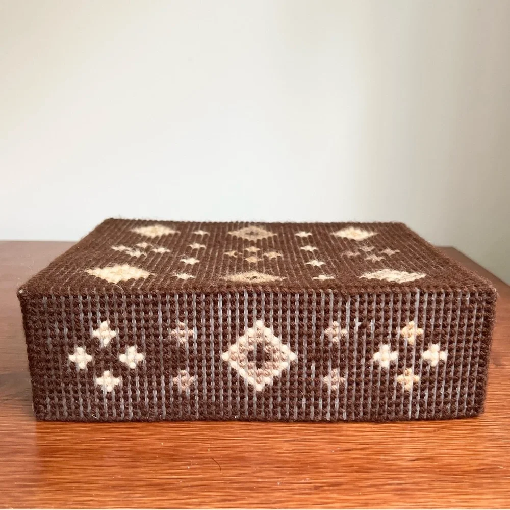 Vintage Handmade Needlepoint Card or Trinket or Keepsake Box Brown Diamonds